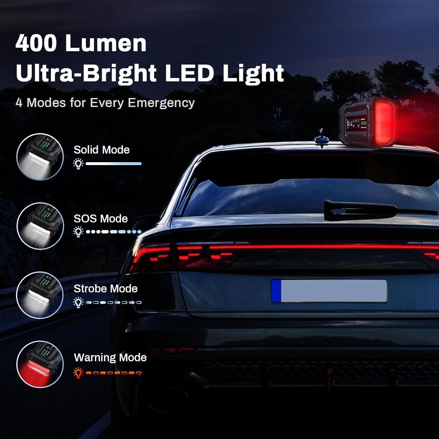 3000A Portable Car Emergency Starter Power Supply With Inflator Function 150PSI Digital Tire Inflator 12V Car Battery Charger With LED Lighting LCD Display